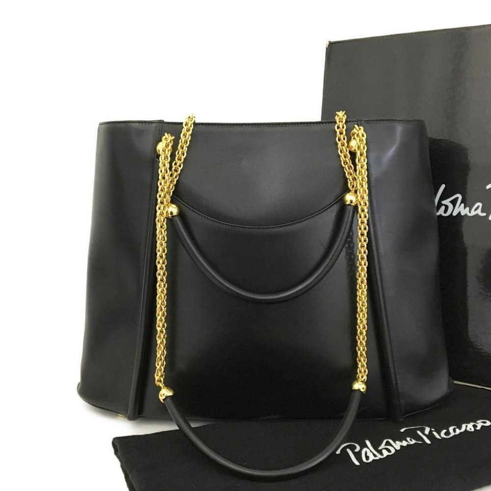 Paloma Picasso Black Leather Chain Shoulder Tote Bag /3139y